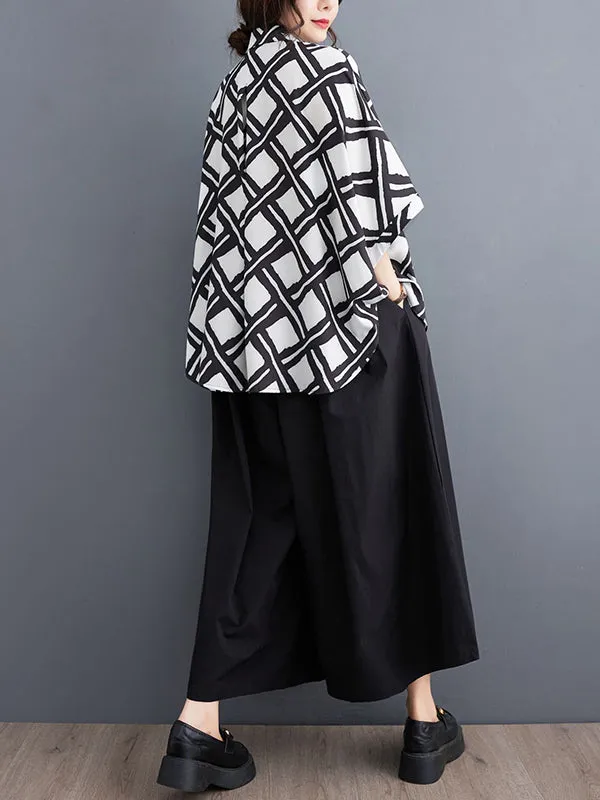 xakxx Batwing Sleeves Half Sleeves Buttoned Plaid Lapel Collar Blouses&Shirts Tops