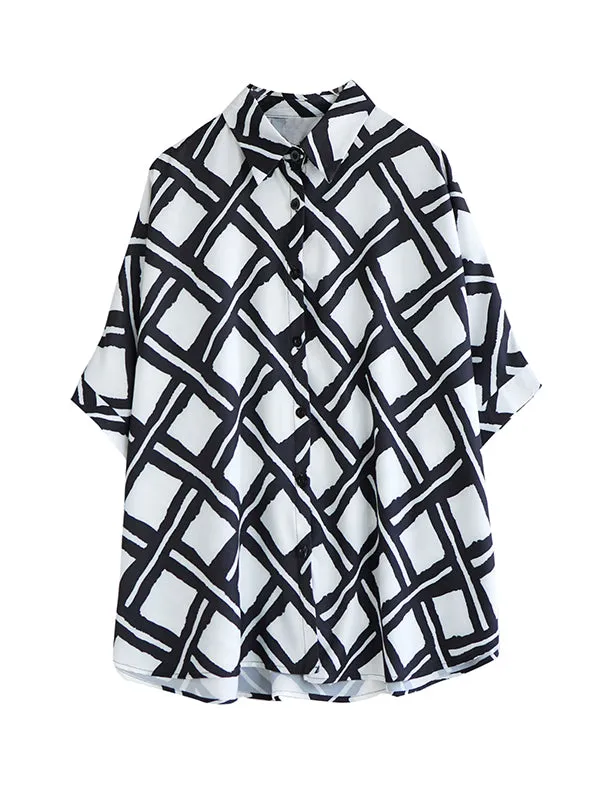 xakxx Batwing Sleeves Half Sleeves Buttoned Plaid Lapel Collar Blouses&Shirts Tops
