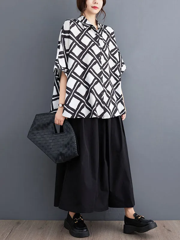 xakxx Batwing Sleeves Half Sleeves Buttoned Plaid Lapel Collar Blouses&Shirts Tops