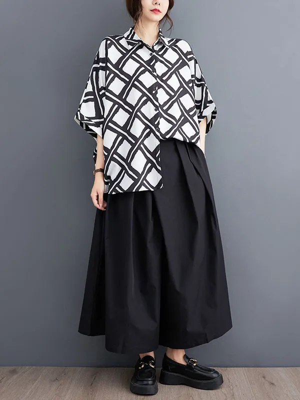 xakxx Batwing Sleeves Half Sleeves Buttoned Plaid Lapel Collar Blouses&Shirts Tops