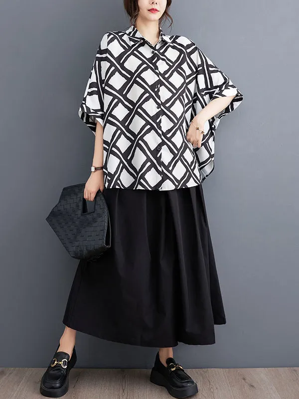 xakxx Batwing Sleeves Half Sleeves Buttoned Plaid Lapel Collar Blouses&Shirts Tops