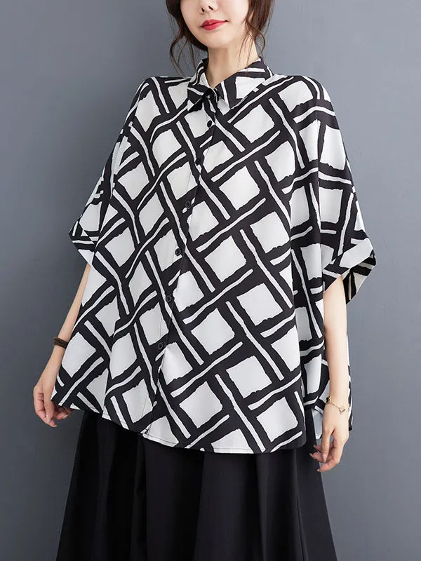 xakxx Batwing Sleeves Half Sleeves Buttoned Plaid Lapel Collar Blouses&Shirts Tops