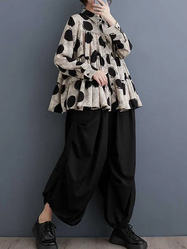 xakxx Long Sleeves Loose Pleated Polka-Dot Split-Joint Lapel Blouses