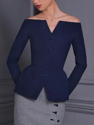 xakxx Long Sleeves Skinny Buttoned Solid Color Off-The-Shoulder Blouses&Shirts Tops