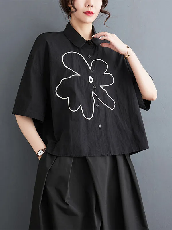 xakxx Loose Short Sleeves Floral Printed Lapel Blouses