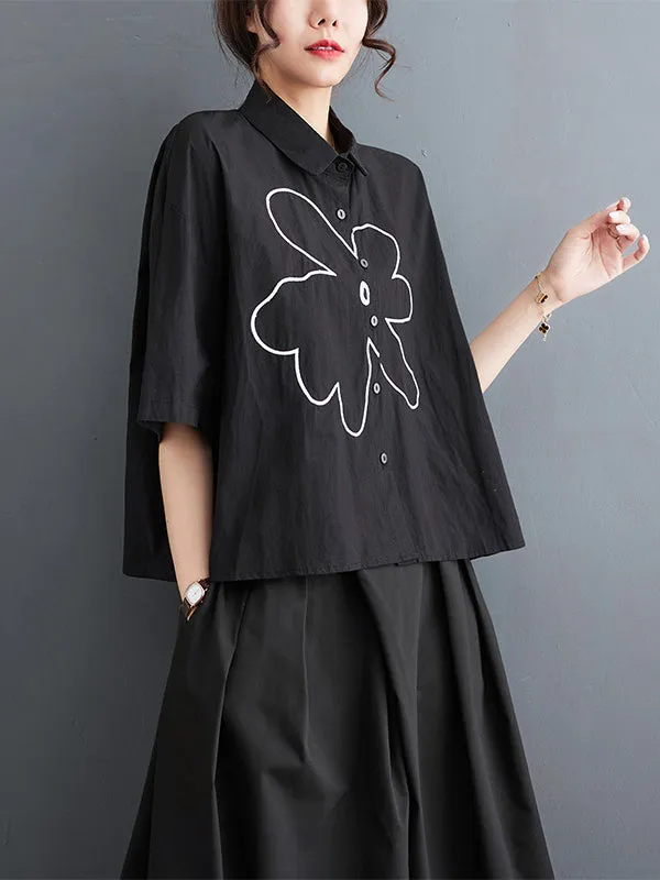 xakxx Loose Short Sleeves Floral Printed Lapel Blouses