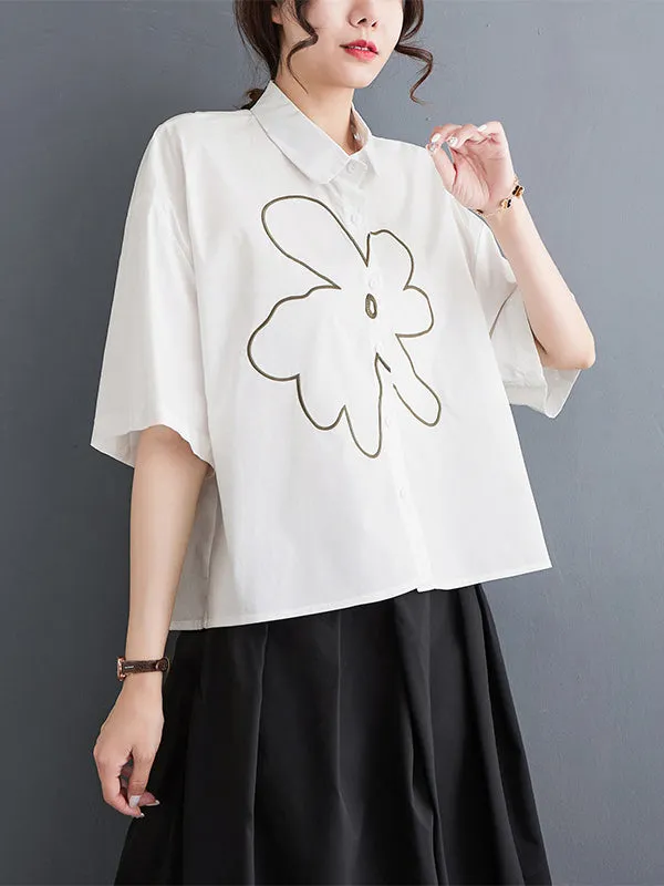 xakxx Loose Short Sleeves Floral Printed Lapel Blouses
