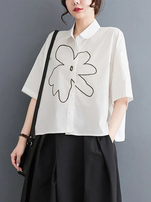xakxx Loose Short Sleeves Floral Printed Lapel Blouses