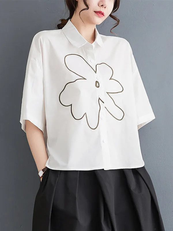 xakxx Loose Short Sleeves Floral Printed Lapel Blouses