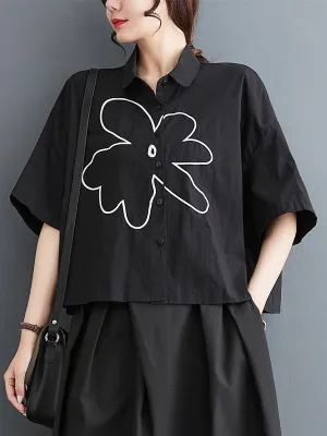 xakxx Loose Short Sleeves Floral Printed Lapel Blouses