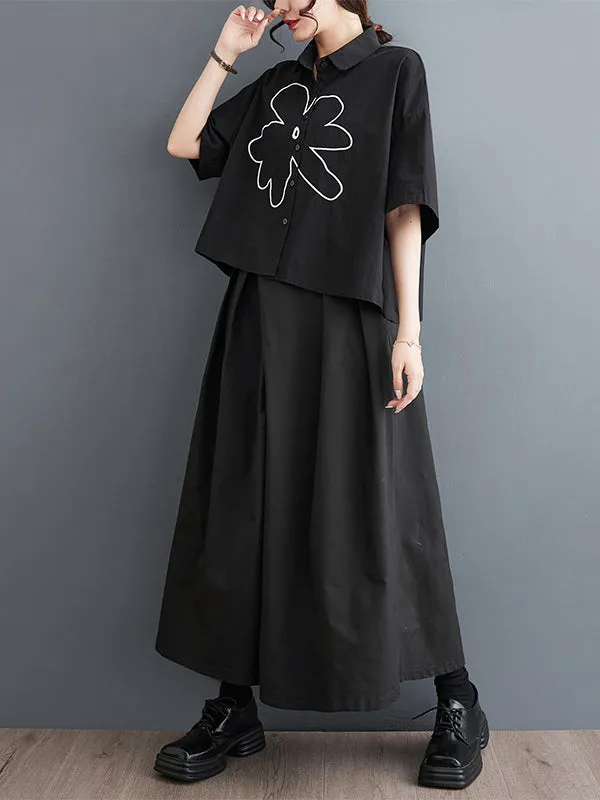 xakxx Loose Short Sleeves Floral Printed Lapel Blouses