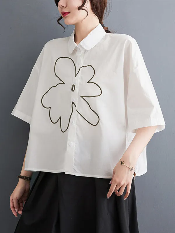 xakxx Loose Short Sleeves Floral Printed Lapel Blouses