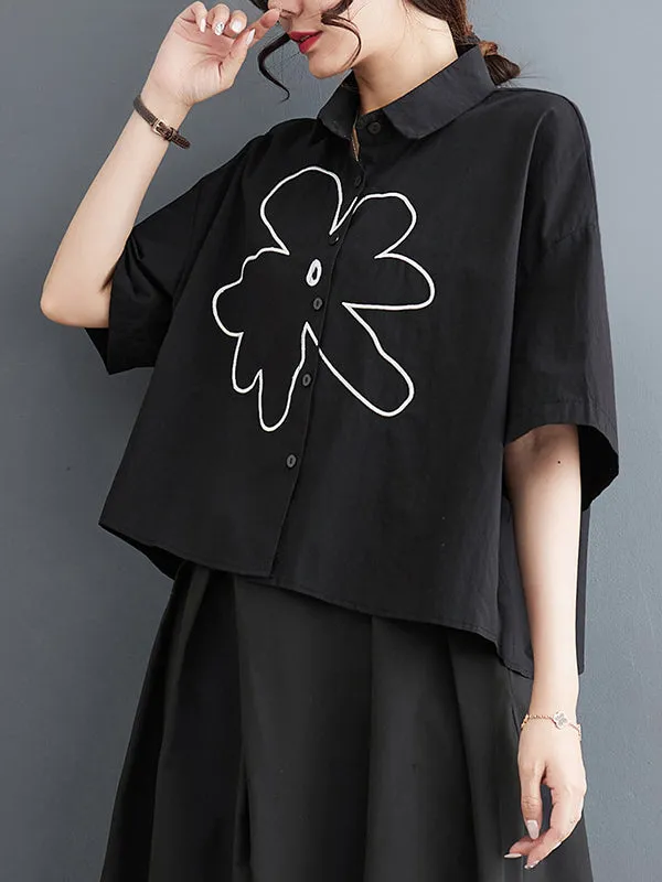 xakxx Loose Short Sleeves Floral Printed Lapel Blouses