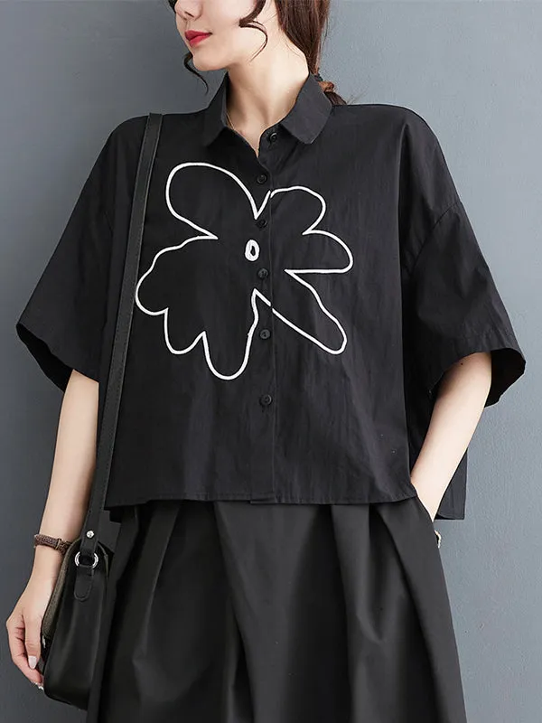xakxx Loose Short Sleeves Floral Printed Lapel Blouses