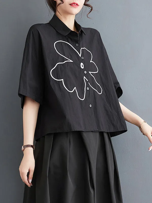 xakxx Loose Short Sleeves Floral Printed Lapel Blouses