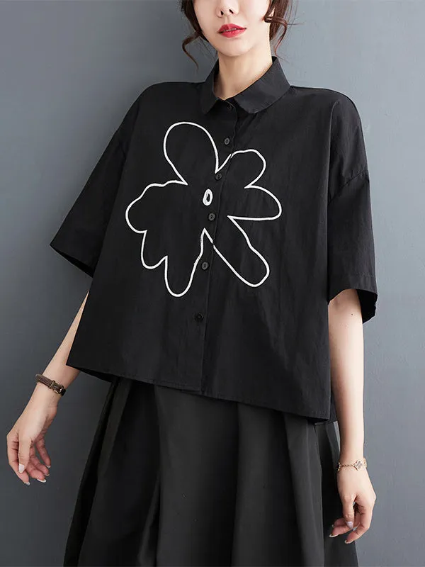 xakxx Loose Short Sleeves Floral Printed Lapel Blouses