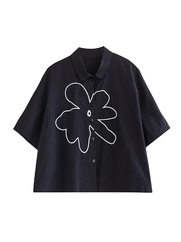 xakxx Loose Short Sleeves Floral Printed Lapel Blouses
