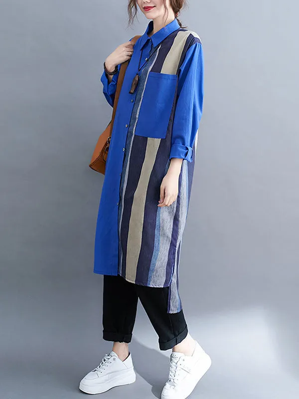 xakxx Original Buttoned Contrast Color Split-Joint  Long Sleeves Lapel Blouse
