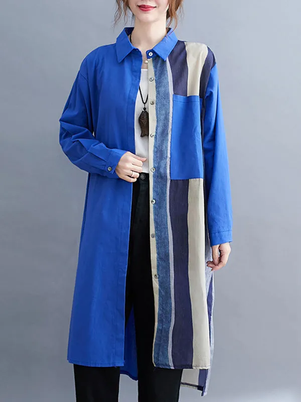 xakxx Original Buttoned Contrast Color Split-Joint  Long Sleeves Lapel Blouse