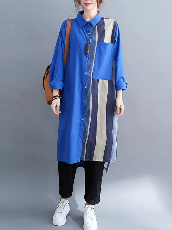 xakxx Original Buttoned Contrast Color Split-Joint  Long Sleeves Lapel Blouse