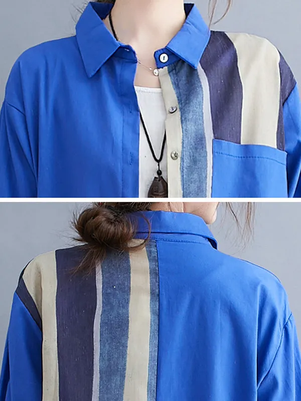 xakxx Original Buttoned Contrast Color Split-Joint  Long Sleeves Lapel Blouse