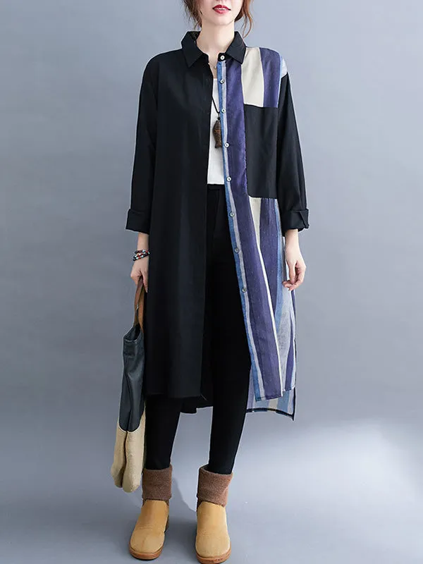 xakxx Original Buttoned Contrast Color Split-Joint  Long Sleeves Lapel Blouse