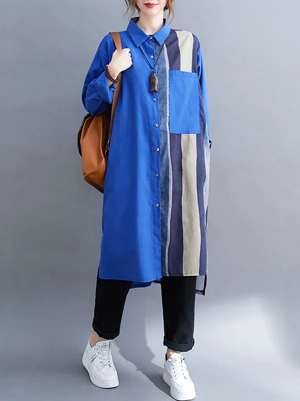 xakxx Original Buttoned Contrast Color Split-Joint  Long Sleeves Lapel Blouse