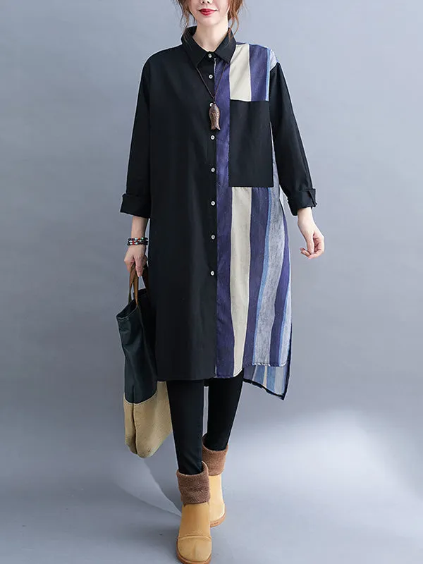 xakxx Original Buttoned Contrast Color Split-Joint  Long Sleeves Lapel Blouse