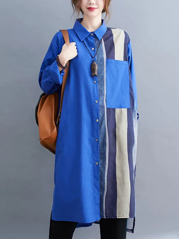 xakxx Original Buttoned Contrast Color Split-Joint  Long Sleeves Lapel Blouse