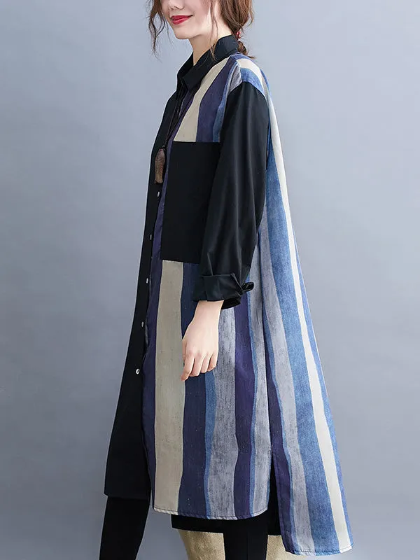 xakxx Original Buttoned Contrast Color Split-Joint  Long Sleeves Lapel Blouse