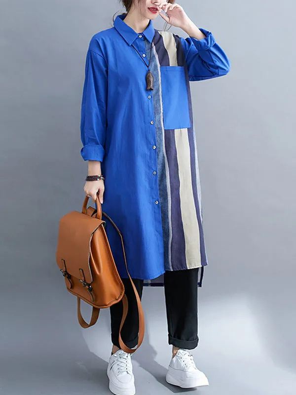 xakxx Original Buttoned Contrast Color Split-Joint  Long Sleeves Lapel Blouse