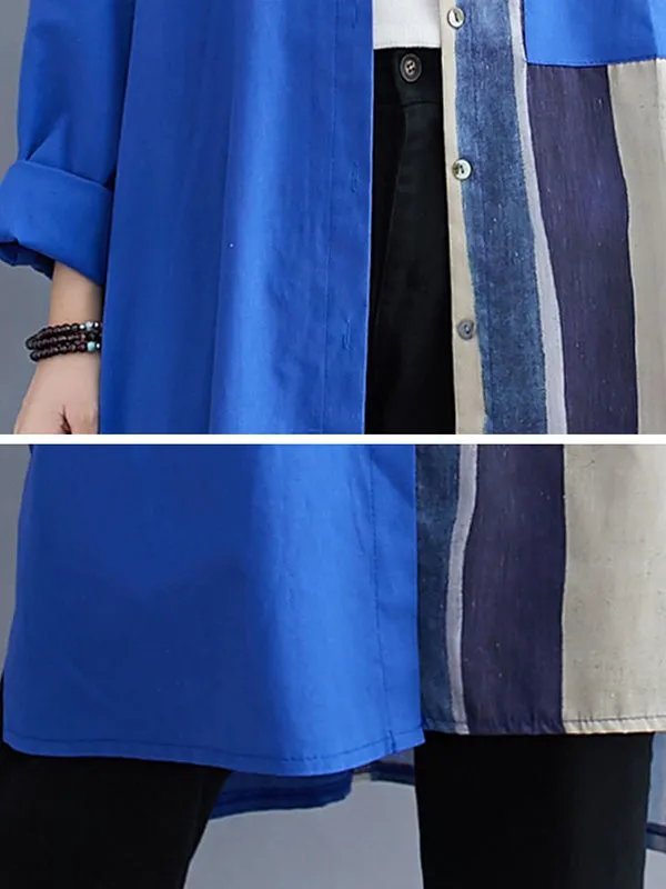 xakxx Original Buttoned Contrast Color Split-Joint  Long Sleeves Lapel Blouse