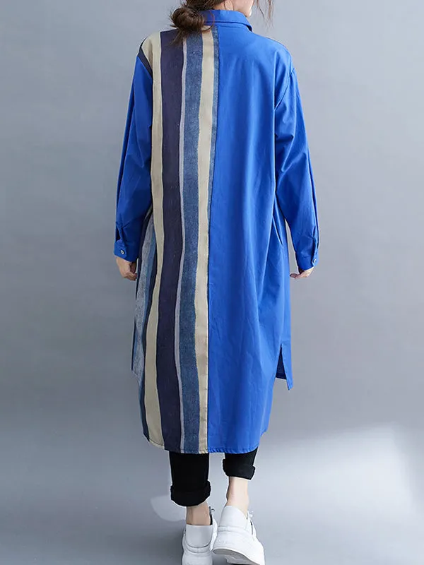 xakxx Original Buttoned Contrast Color Split-Joint  Long Sleeves Lapel Blouse