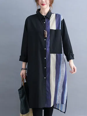 xakxx Original Buttoned Contrast Color Split-Joint  Long Sleeves Lapel Blouse