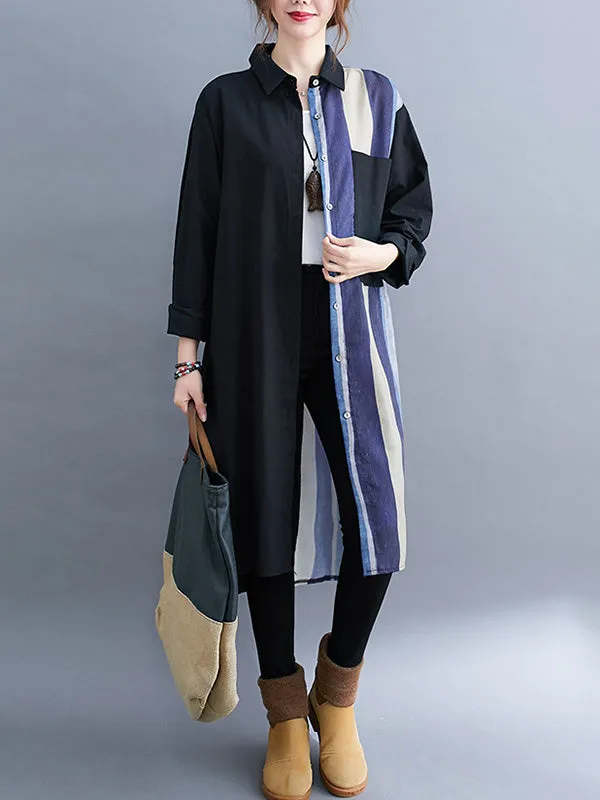 xakxx Original Buttoned Contrast Color Split-Joint  Long Sleeves Lapel Blouse