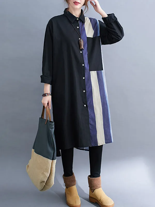 xakxx Original Buttoned Contrast Color Split-Joint  Long Sleeves Lapel Blouse