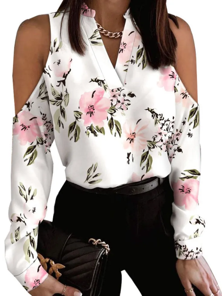 xakxx Original Creation Long Sleeves Loose Floral Printed Hollow V-Neck Blouses&Shirts Tops