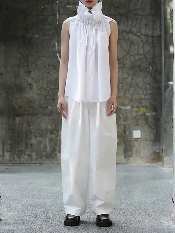 xakxx Sleeveless Pleated Solid Color Statement Collar Blouses&Shirts Tops