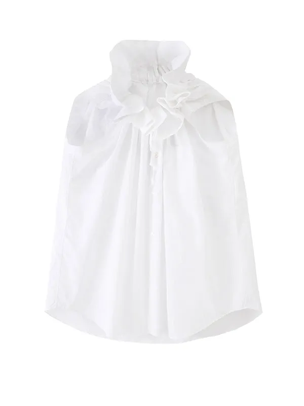 xakxx Sleeveless Pleated Solid Color Statement Collar Blouses&Shirts Tops