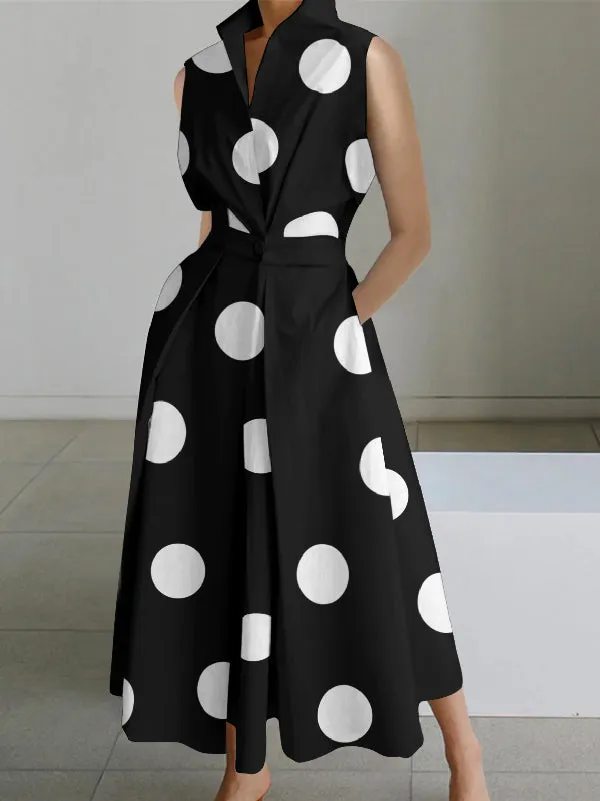 xakxx Sleeveless Polka Dot Lapel Midi Dresses
