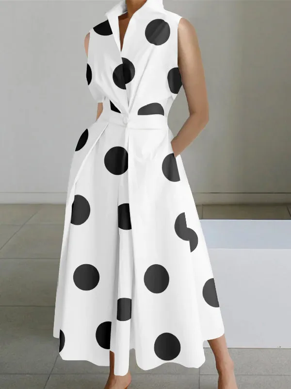 xakxx Sleeveless Polka Dot Lapel Midi Dresses