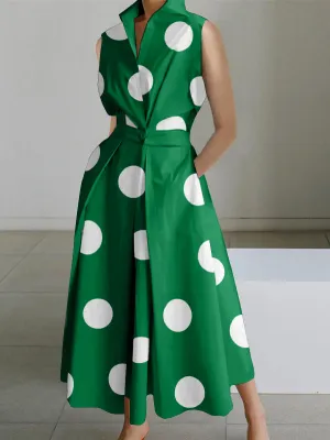 xakxx Sleeveless Polka Dot Lapel Midi Dresses