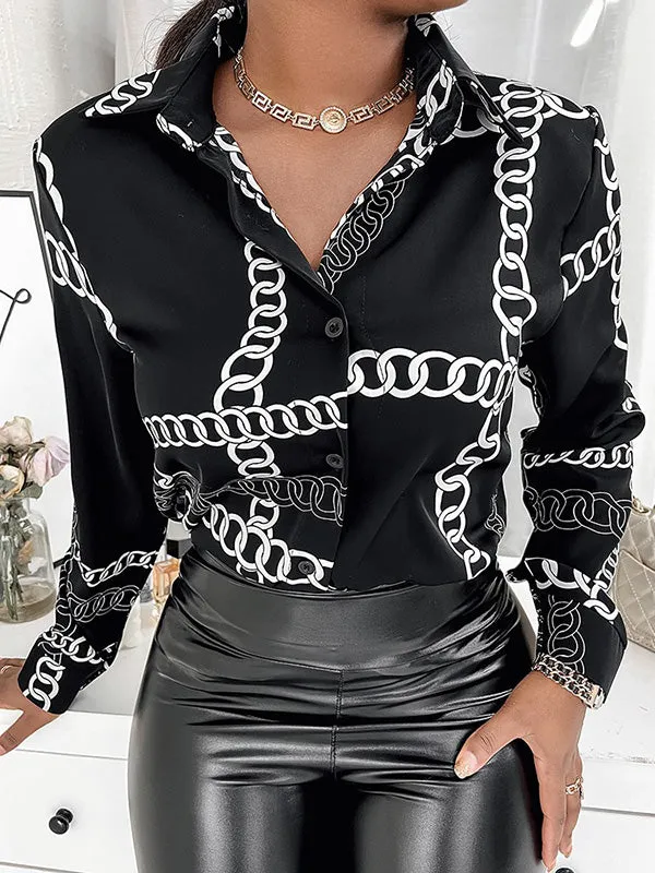 xakxx Urban Long Sleeves Loose Printed Lapel Collar Blouses&Shirts Tops
