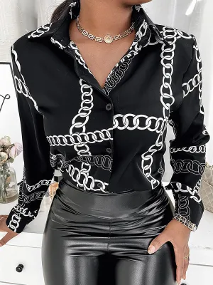 xakxx Urban Long Sleeves Loose Printed Lapel Collar Blouses&Shirts Tops