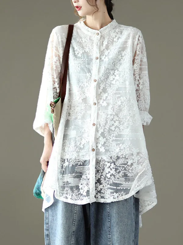 xakxx Vintage Loose Embroidered Lace Hollow Blouse
